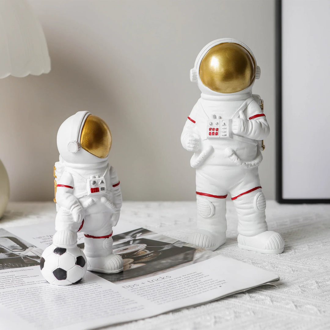 Gold Astronaut Figurines – Moon & Soccer Design Ornaments